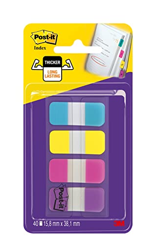Post-it Haftstreifen Index Strong, Mini - 40 Haftstreifen 15.8 mm x 38.1 mm - Blau, Violett, Pink, Gelb - Zum Markieren, Hervorheben oder Farbcodieren wichtiger Informationen von Post-it