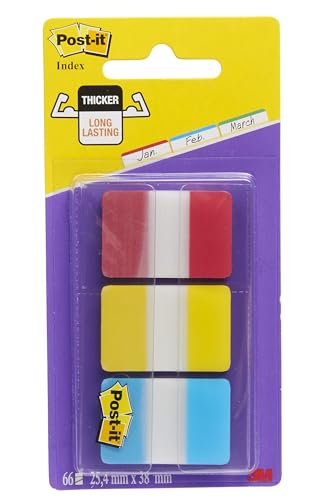 Post-it Index Strong Filing Tabs, Packung mit 1 Spender mit 3 x 22 Tabs, 25, 4 mm x 38 mm, Gelb, Rot, Blau - Extrastarke Haftstreifen für Dokumente und Informationen von Post-it