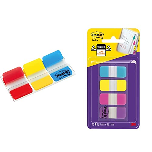 Post-it Index Strong Filing Tabs, Packung mit 1 Spender mit 3 x 22 Tabs, 25, 4 mm x 38 mm, Gelb, Rot, Blau & Index Strong Ablagetabs, Klein, versch. Farben, 4 x 10 Haftstreifen von Post-it