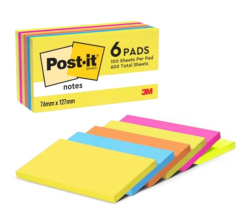 Post-it Notes Energetic Collection, Packung mit 6 Blöcken, 100 Blatt pro Block, 76 mm x 127 mm, Farben: Gelb, Blau, Orange, Pink, Grün - Selbstklebende Notizzettel für Notizen Post-it Notes Energetic Collection, Packung mit 6 Blöcken, 100 Blatt pro Block, 76 mm x 127 mm, Farben: Gelb, Blau, Orange, Pink, Grün - Selbstklebende Notizzettel für Notizen von Post-it