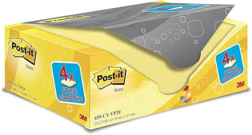 Post-it Notes Promotion 655Y-20 – Selbstklebende Haftnotizzettel in 76 x 127 mm – 20 Notizblöcke rechteckig à 100 Blatt in Gelb von Post-it