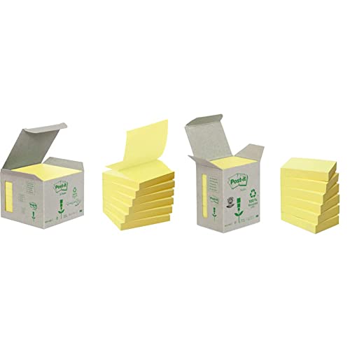 Post-it R3301B Haftnotiz Recycling Z-Notes Mini Tower, 76 x 76 mm, 100 Blatt, 6 Block, pastellgelb & 6531B Haftnotiz Recycling Notes Mini Tower (38 x 51 mm, 80 g/qm) 100 Blatt 6 Block gelb von Post-it