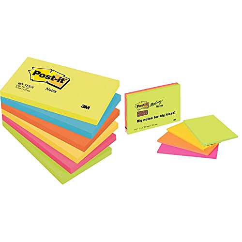 Post-it "Rainbow Notes" bunte Haftnotizen 76 x 127 mm - gesteigerte Aufmerksamkeit durch knallige Farben & Super Sticky Meeting Notes 6445-4SS – Selbstklebende Haftnotizzettel in 152 x 101 mm von Post-it