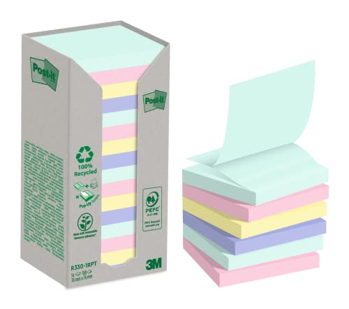 Post-it Recycling Notes, Assortierte Farben, Packung mit 16 Blöcken, 100 Blatt pro Block, 76 mm x 76 mm, Farben: Grün, Pink, Blau, Gelb - Selbstklebende Notizzettel aus 100% Recyclingpapier von Post-it
