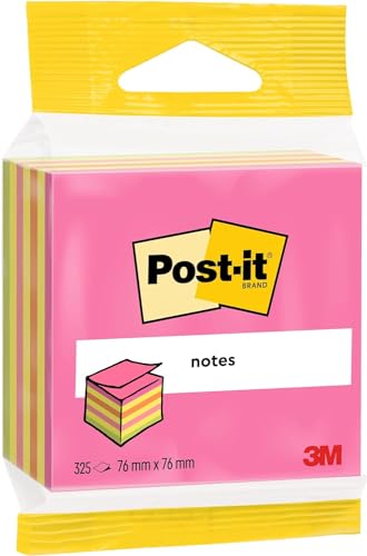 Post-it Sticky Notes Cube Neon Rainbow Collection, Packung mit 1 Block, 325 Blatt, 76 mm x 76 mm, Pink, Gelb, Orange, Grün - Selbstklebende Notizzettel für Notizen, To-Do-Listen und Erinnerungen von Post-it