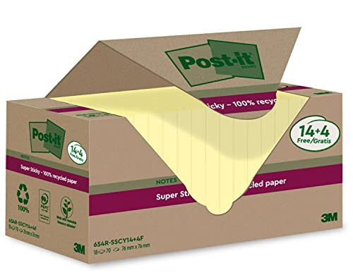 Post-it Super Sticky 100 % Recycling Notes, 14+4 GRATIS-Blöcke/Packung, 70 Blätter pro Block, 76 mm x 76 mm, Gelb - Extra starke Haftnotizen aus 100 % Recyclingpapier Post-it Super Sticky 100 % Recycling Notes, 14+4 GRATIS-Blöcke/Packung, 70 Blätter pro Block, 76 mm x 76 mm, Gelb - Extra starke Haftnotizen aus 100 % Recyclingpapier von Post-it