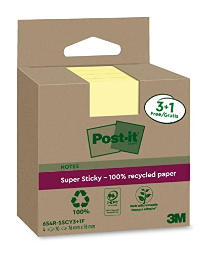 Post-it Super Sticky 100 % Recycling Notes, 3+1 GRATIS-Blöcke/Packung, 70 Blätter pro Block, 76 mm x 76 mm, Gelb - Extra starke Haftnotizen aus 100 % Recyclingpapier Post-it Super Sticky 100 % Recycling Notes, 3+1 GRATIS-Blöcke/Packung, 70 Blätter pro Block, 76 mm x 76 mm, Gelb - Extra starke Haftnotizen aus 100 % Recyclingpapier von Post-it