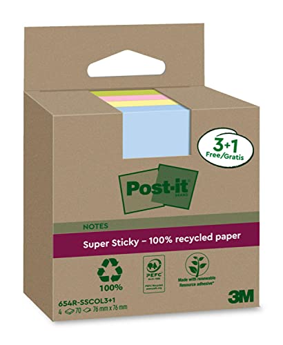 Post-it Super Sticky 100 % Recycling Notes, 3+1 GRATIS-Blöcke/Packung, 70 Blätter pro Block, 76 mm x 76 mm, Pink, Grün, Blau, Gelb - Extra starke Haftnotizen aus 100 % Recyclingpapier, Mittel von Post-it