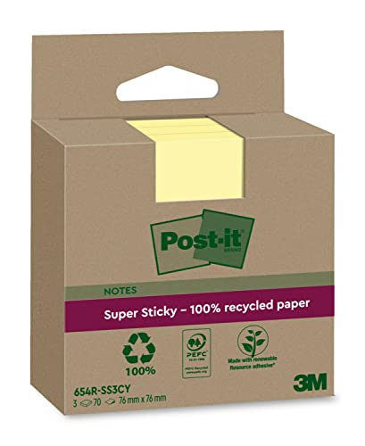 Post-it Super Sticky 100 % Recycling Notes, 3 Blöcke, 70 Blätter pro Block, 76 mm x 76 mm, Gelb - Extra starke Haftnotizen aus 100 % Recyclingpapier von Post-it