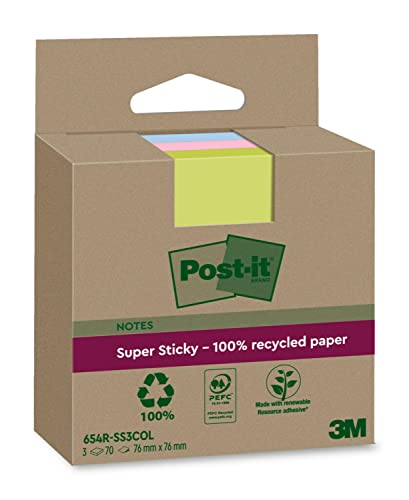Post-it Super Sticky 100 % Recycling Notes, 3 Blöcke, 70 Blätter pro Block, 76 mm x 76 mm, Pink, Grün, Blau - Extra starke Haftnotizen aus 100 % Recyclingpapier Post-it Super Sticky 100 % Recycling Notes, 3 Blöcke, 70 Blätter pro Block, 76 mm x 76 mm, Pink, Grün, Blau - Extra starke Haftnotizen aus 100 % Recyclingpapier von Post-it