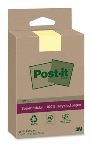 Post-it Super Sticky 100% Recycling Notes, Gelb, Liniert - 4 Blöcke, 45 Blätter pro Block, 102 mm x 152 mm - Extra starke Haftnotizen aus 100% Recyclingpapier von Post-it