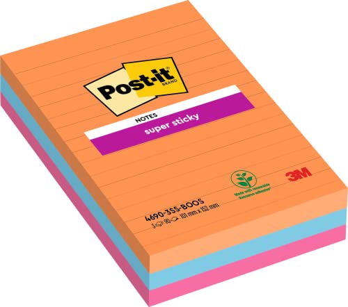 Post-it Super Sticky Notes, Boost Collection, liniert, 101mm x 152 mm, 3 Blöcke á 90 Blatt zum Vorteislpreis von Post-it