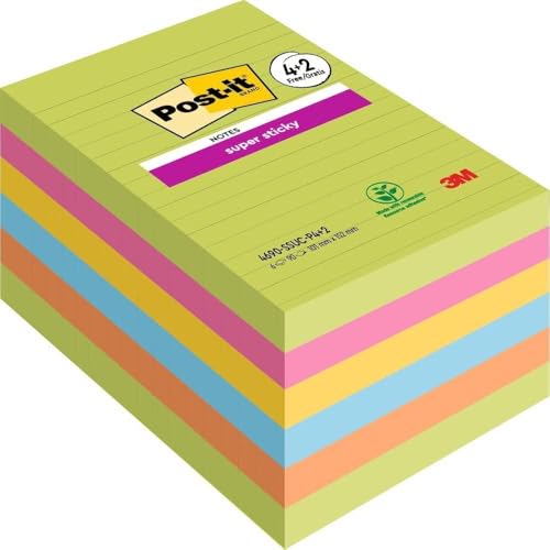 Post-it Super Sticky Notes, Oasis Collection, liniert, 101 mm x 101 mm, 6 Blöcke á 90 Blatt von Post-it
