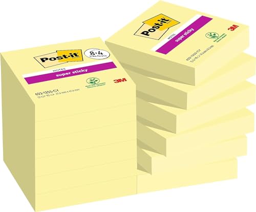 Post-it Super Sticky Notes, Packung mit 12 Blöcken, 90 Blatt pro Block, 47,6 mm x 47,6 mm, Farbe: Gelb - Extra-stark klebende Notizzettel für Notizen, To-Do-Listen und Erinnerungen von Post-it