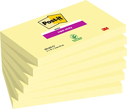 Post-it Super Sticky Notes Kanariengelb, Packung mit 6 Blöcken, 90 Blatt pro Block, 76 mm x 127 mm, Farbe: Gelb - Extra-stark klebende Notizzettel für Notizen, To-Do-Listen und Erinnerungen von Post-it