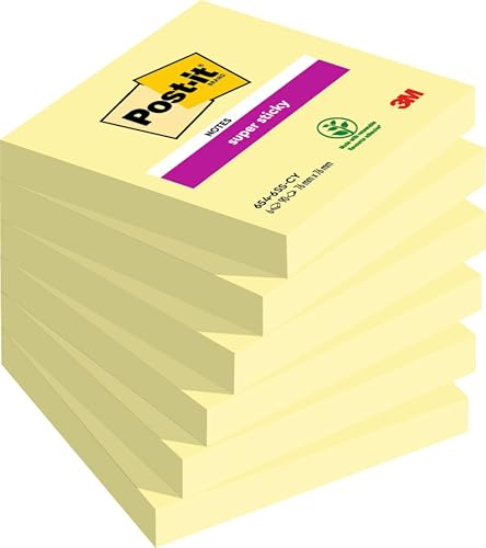 Post-it Super Sticky Notes Kanariengelb, Packung mit 6 Blöcken, 90 Blatt pro Block, 76 mm x 76 mm, Farbe: Gelb - Extra-stark klebende Notizzettel für Notizen, To-Do-Listen und Erinnerungen von Post-it