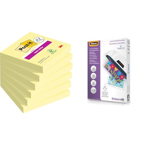 Post-it Super Sticky Notes Kanariengelb, Packung mit 6 Blöcken, 90 Blatt pro Block & Fellowes Laminierfolien A4 ImageLast, 80 Mikron, 100 Stück von Post-it