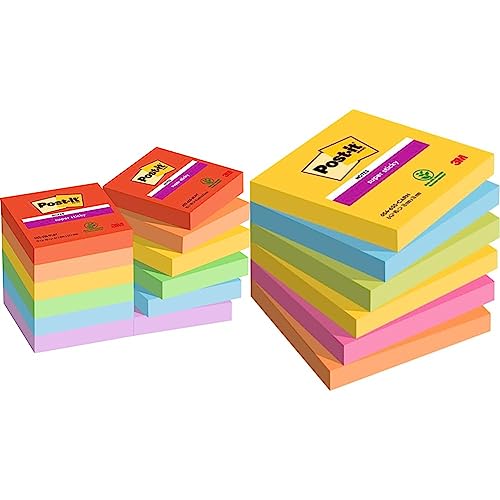Post-it Super Sticky Notes Playful Collection, Packung mit 12 Blöcken, 90 Blatt pro Block, 47, 6 mm x 47, 6 mm & Super Sticky Notes, Carnival Collection, 76 x 76 mm, 6er Pack von Post-it