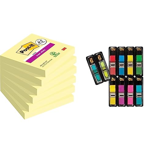 Post-it Super Sticky Notes Promotion, Gelb, 76 mm x 76 mm, 6 Blöcke à 90 Blatt zum Vorteilspreis & Index Small Flags, Vorteilspackung mit 8 Blöcken & 2 Pfeilblöcke gratis, 11, 9 mm x 43, 2 mm von Post-it