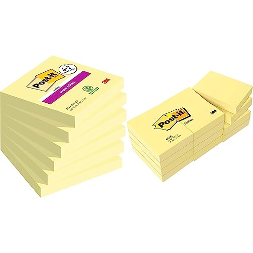 Post-it Super Sticky Notes Promotion, Gelb, 76 mm x 76 mm, 6 Blöcke à 90 Blatt zum Vorteilspreis & Notizen Kanariengelb, Packung mit 12 Blöcken, 100 Blatt pro Block, 51 mm x 38 mm, Farbe: Gelb von Post-it