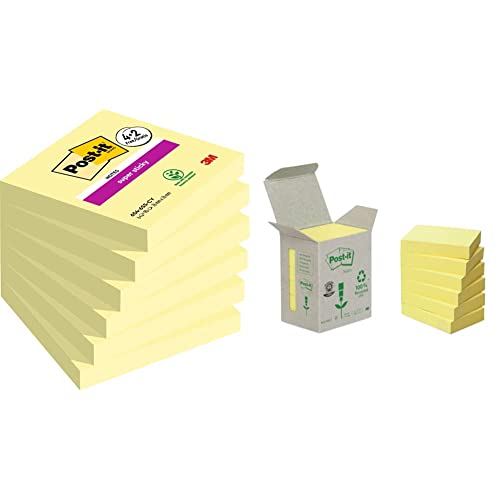 Post-it Super Sticky Notes Promotion, Gelb, 76 mm x 76 mm, 6 Blöcke à 90 Blatt zum Vorteilspreis & Recycling Notes Mini Tower, 38 x 51 mm, 100 Blatt, 6 Block, Pastellgelb -in Weiteren Farben Verfügbar von Post-it