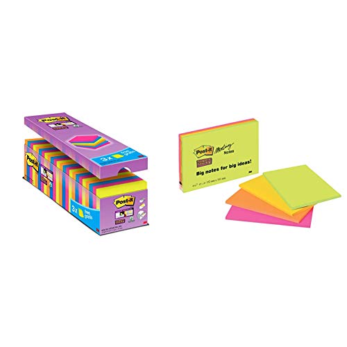 Post-it "Super Sticky Notes Promotion" selbstklebende Haftnotizzettel in 76 x 76 mm & Post-it Super Sticky Meeting Notes 6445-4SS – Selbstklebende Haftnotizzettel in 152 x 101 mm von Post-it