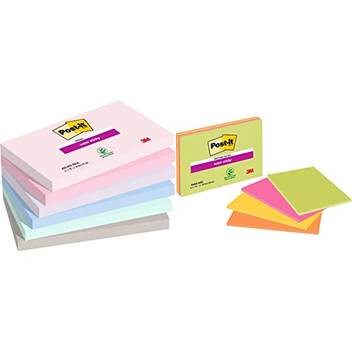 Post-it Super Sticky Notes Soulful Color Collection, 6 Blöcke, 90 Blatt pro Block, 76 mm x 127 mm & Super Sticky Large Notes, Packung mit 4 Blöcken, 45 Blatt pro Block, 152 mm x 101 mm von Post-it