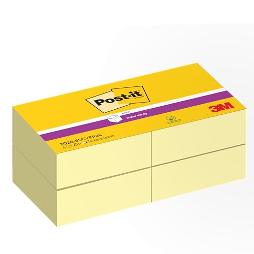 Post-it Super Sticky Notes Würfel, Gelb, 76 mm x 76 mm, 270 Blatt/Block, 4 Blöcke/Packung von Post-it