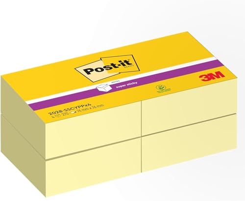 Post-it Super Sticky Notes Würfel, Kanariengelb, Packung mit 4 Blöcken, 270 Blatt pro Block, 76 mm x 76 mm, 100% PEFC - Extra-stark klebende Notizzettel für Notizen, To-Do-Listen und Erinnerungen von Post-it