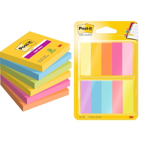 Post-it Super Sticky Notes & Notes Marker, Packung mit 10 Blöcken, 50 Marker pro Block, 12, 7 mm x 44, 4 mm, Gelb, Orange, Pink, Lila, Blau, Grün von Post-it