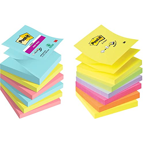 Post-it Super Sticky Z-Notes, Cosmic Collection, 76 mm x 76 mm, 6 Blöcke à 90 Blatt & R330NR Z-Notes(76 x 76 mm) 6er Pack neongelb/grün/lila/pink/orange von Post-it