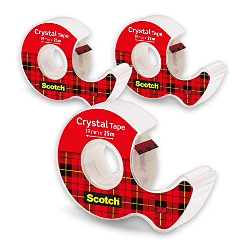 Scotch Crystal Transparentes Klebeband, 19mm × 25m, 3 Handabroller mit Rollen/Packung von Post-it
