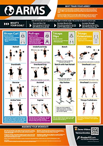 Armübung | Ganzarm-Workout | Verbessert Krafttraining | Laminiertes Poster für Fitnessstudio und Zuhause | Inklusive Online-Video-Trainingsunterstützung | Größe – 594 mm x 420 mm (A2) | Verbessert die persönliche Fitness von Posterfit