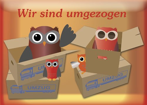 10 Postkarten "wir sind umgezogen" 4 Eulen im Umzugskarton 1104-10 von Postkarten-Style