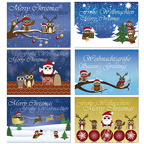12 Postkarten - Mix Eulen Weihnachten Weihnachtskarten 6 verschiedene Motive je 2 Karten 1907-Mix von Postkarten-Style
