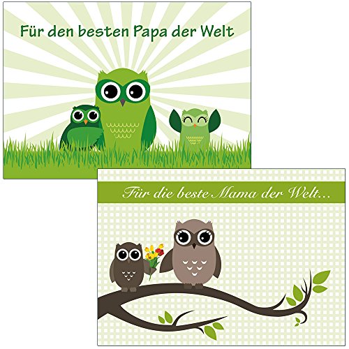 2 Postkarten 1x Eule Muttertag 1x Eule Vatertag "Für die beste Mama/Papa der Welt.." 1127+1125 von Postkarten-Style