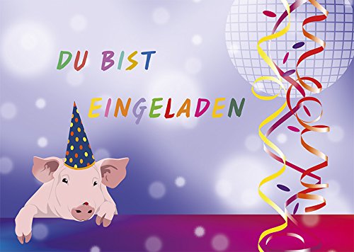 Party-Schweinchen 10 Stück Einladungskarten "DU BIST EINGELADEN" 1149-10 von Postkarten-Style