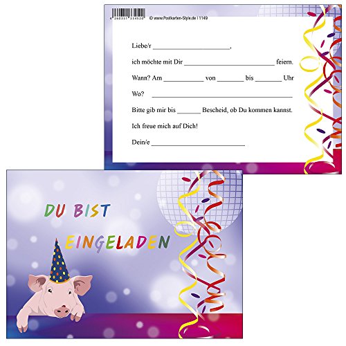 Postkarten-Style Party-Schweinchen 15 Stück Einladungskarten DU BIST EINGELADEN 1149-15 von Postkarten-Style