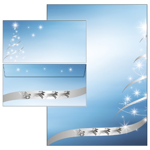 Weihnachten -Weihnachtsbaum silber-star Set 200-teilig 100 Blatt Briefpapier + 100 Stück Briefumschläge DIN lang ohne Fenster 5283+6283 von Postkarten-Style