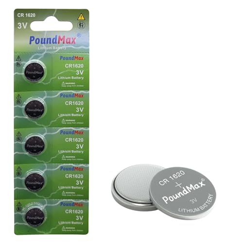 5X CR1620 DL1620, Batterie Knopfzellen Batterien 3V, kindersichere Verpackung, CR 1620 Knopfzelle Lithium Coin, für den Einsatz in Schlüsselanhängern, Waagen, medizinischen Geräten, Fernbedienung von PoundMax