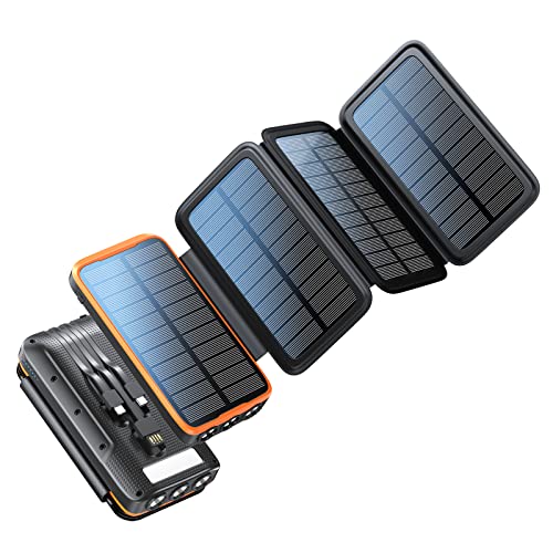 Solar Powerbank 20.000mAh, Solar Ladegerät mit 4 Solarpanels, 6W Taschenlampe, Power Bank mit 3 Kabel QC4.0 22.5W USB C 20W Schnellladefunktion, Externe Handyakkus für Handy, Tablets von Poursur