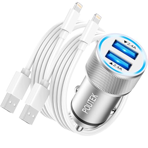 Zigarettenanzünder USB Auto Adapter, 2.4A Auto Ladegerät Handy mit 2X iPhone Ladekabel [MFi Zertifiziert], Kfz Ladegeräte Autoladegerät Zigarettenanzünder Stecker für iPhone 14 13 12 11 Pro Max/X/8/7 von Poutek