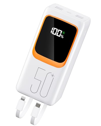 50000mAh Power Bank mit integriertem Kabel: 22,5W schnell aufladende Externe Batterie mit großer Kapazität, tragbares Ladegerät mit LED-Taschenlampe und 7 Ausgängen & 3 Eingängen-weiß MP3 to List von Powelephant
