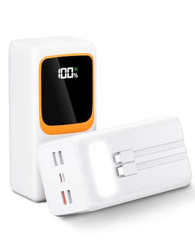 50000mAh Power Bank mit integriertem Kabel: 22,5W schnell aufladende Externe Batterie mit großer Kapazität, tragbares Ladegerät mit LED-Taschenlampe und 7 Ausgängen & 3 Eingängen-weiß von Powelephant