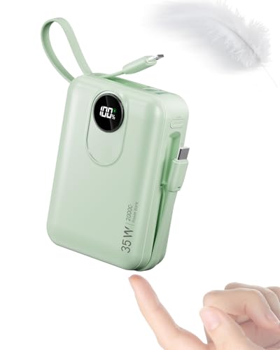 Externer Akku 20.000 mAh mit integriertem Kabel: 35 W Power Bank mit Schnellladung für Handy, Akku USB C (Eingang & Output), tragbares Ladegerät mit 4 Ausgängen und 2 Eingängen, Grün von Powelephant
