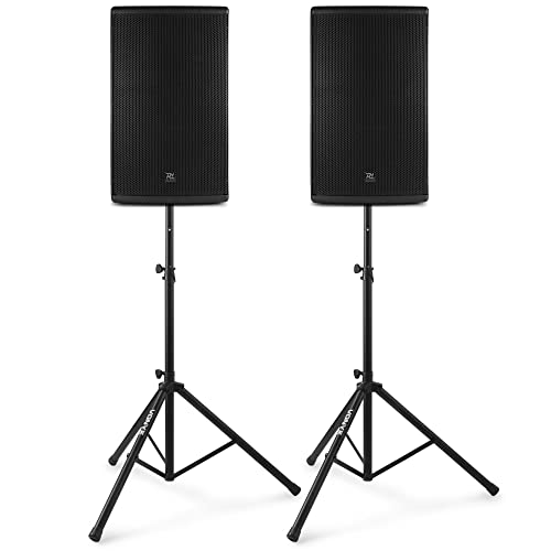 Power Dynamics PD415A Lautsprecher mit Ständer Set 2800 Watt, DSP, Bi-Amp, Bluetooth, XLR, Cinch, 15" PA Lautsprecher mit Ständern, Stereo Lautsprecher Set, PA Anlage, Aktiv Lautsprecherboxen von Power Dynamics