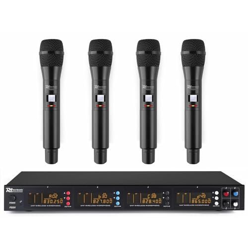 Power Dynamics PD504H - 4 drahtlose Mikrofone und UHF-Verstärker, 4 Kanal Mikrofonset, drahtlos Mikrofone, mit Display und Mute, Handmikrofon, Gesang, Sprache, Show, DJ von Power Dynamics