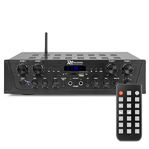 Power Dynamics PV240BT - 4 Kanal Stereo Verstärker mit Fernbedienung, 400 Watt, Bluetooth Receiver, UKW Radio, USB, SD, MP3, 2x Mikrofon Anschlüsse mit Echo, Talkover Funktion - Schwarz von Power Dynamics