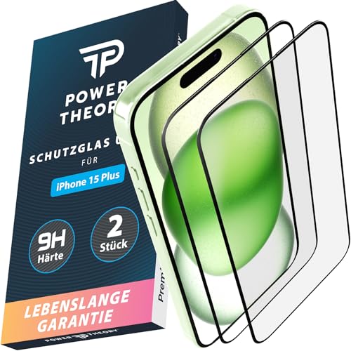 Power Theory Schutzglas für iPhone 15 Plus Schutzfolie, Ultra-Glas Displayschutz Folie mit 9H Glas Bruchfestigkeit, Blasenfreie Anbringung & Schnelle Installation [2 Stück] von Power Theory