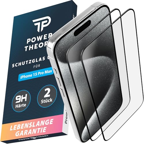 Power Theory Schutzglas für iPhone 15 Pro Max Schutzfolie, Ultra-Glas Displayschutz Folie mit 9H Glas Bruchfestigkeit, Blasenfreie Anbringung & Schnelle Installation [2 Stück] von Power Theory